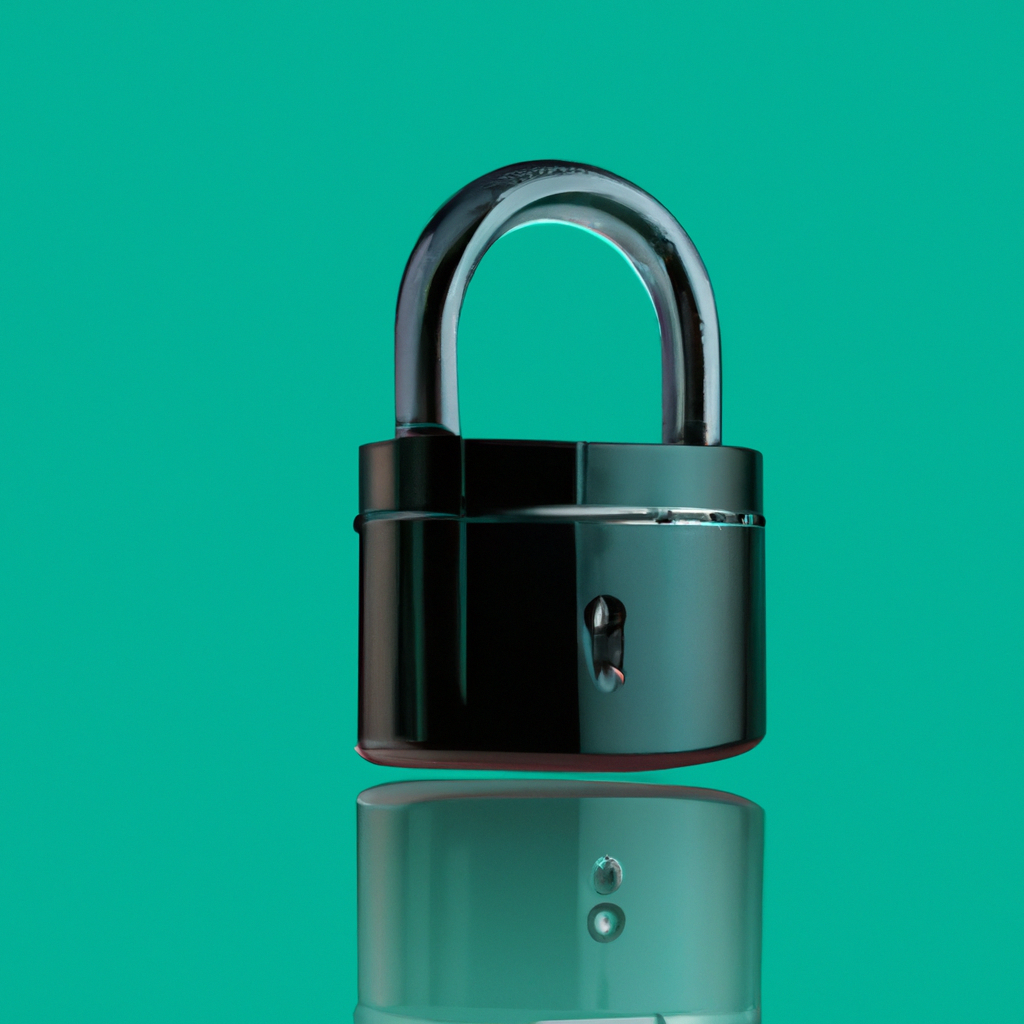 Ilustración abstracta de un candado que simboliza privacidad, con gradientes y efecto glassmorphism